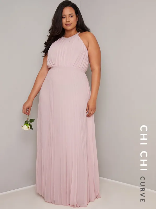 Plus Size Pleated Racer Neckline Maxi Dress in Pink sold by Chi Chi London