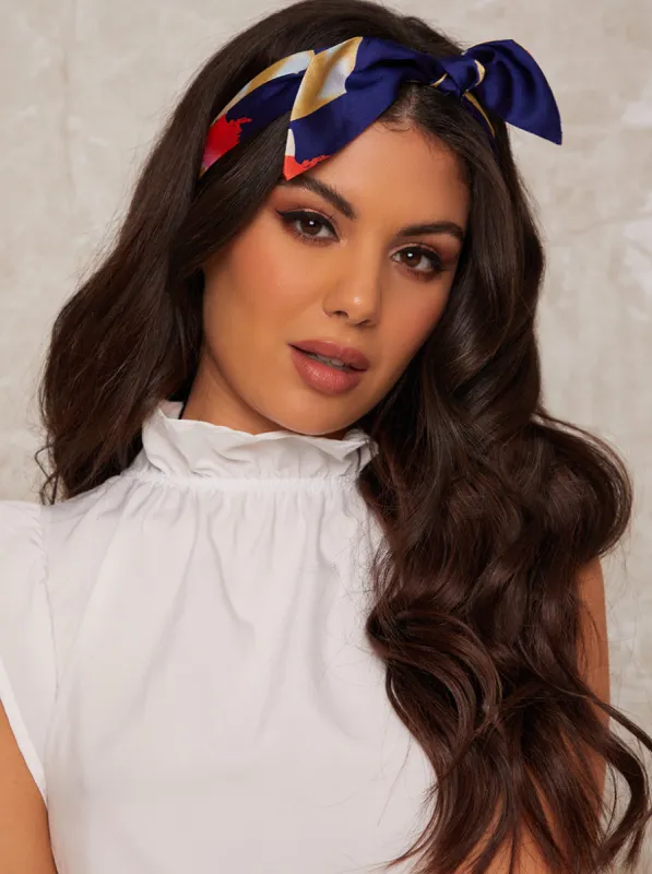 Graphic Print Satin Hair Scarf in Navy sold by Chi Chi London