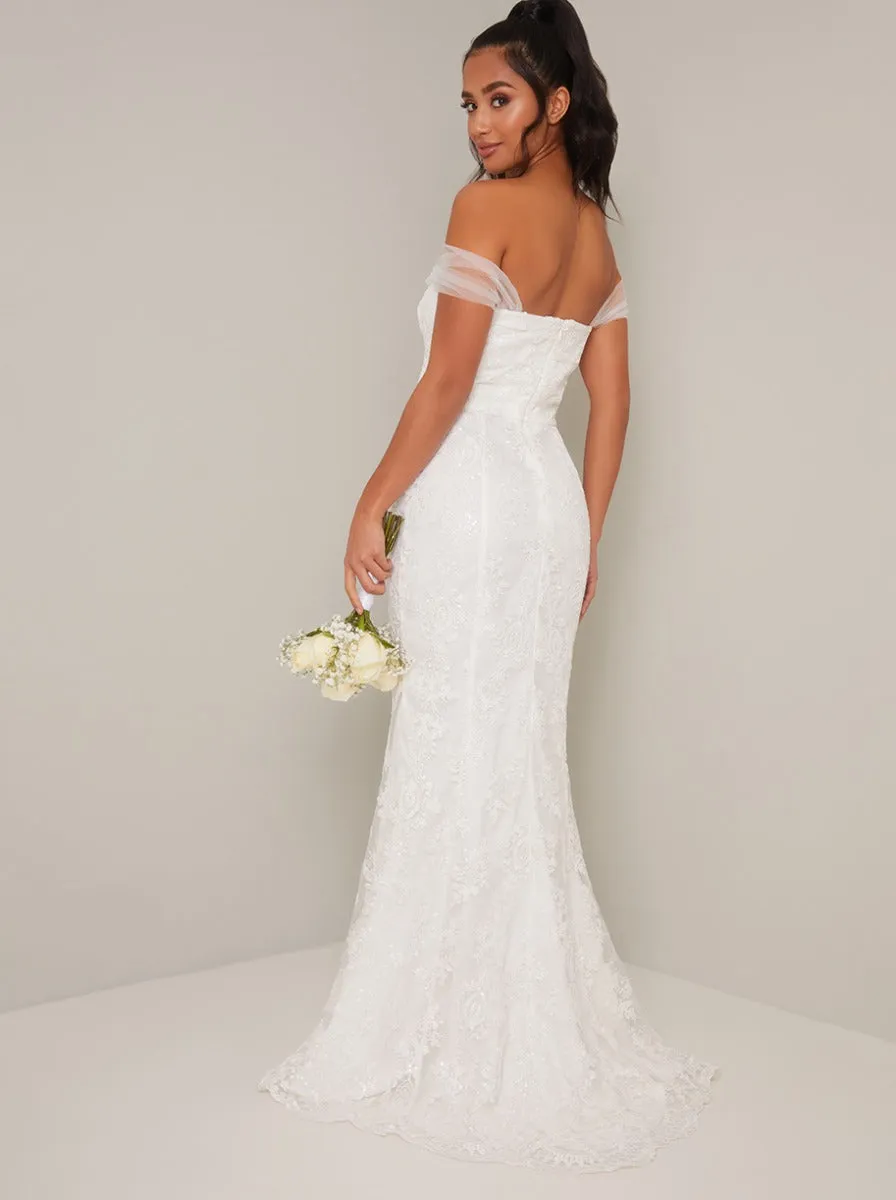 Petite Sweetheart Lace Bodycon Wedding Dress in White sold by Chi Chi London