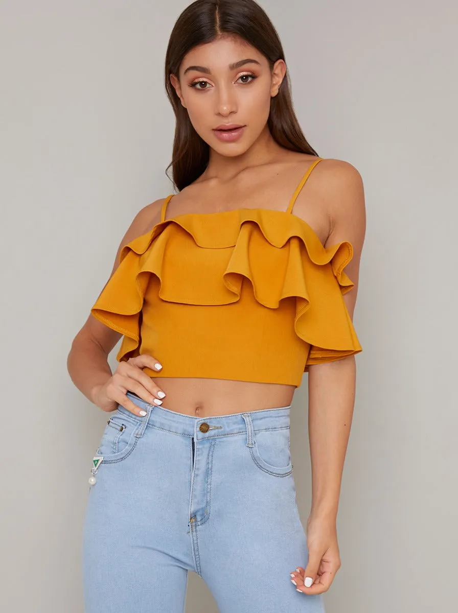 Cami Strap Ruffle Crop Top in Yellow sold by Chi Chi London