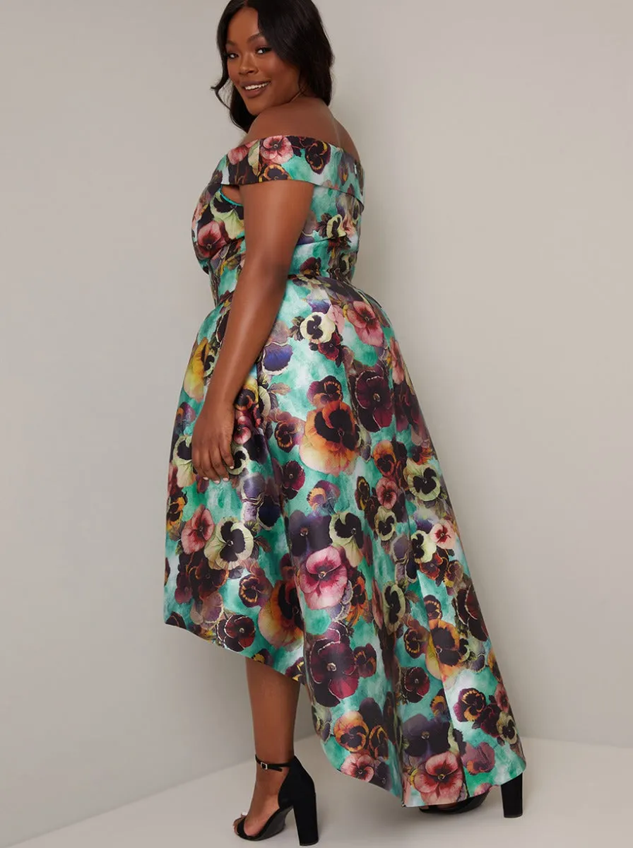 Plus Size Floral Print Bardot Dip Hem Dress in Green sold by Chi Chi London product image thumbnail 4