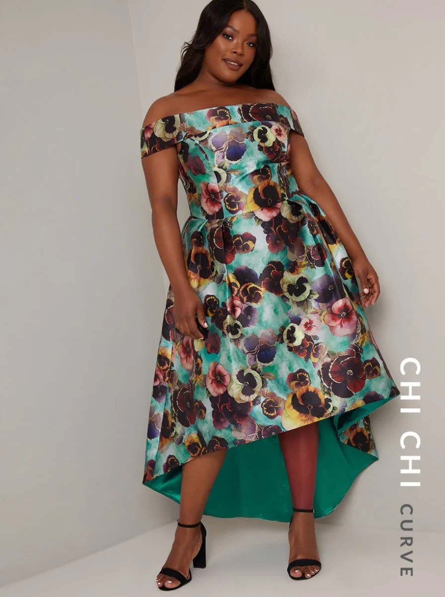 Plus Size Floral Print Bardot Dip Hem Dress in Green sold by Chi Chi London product image thumbnail 2