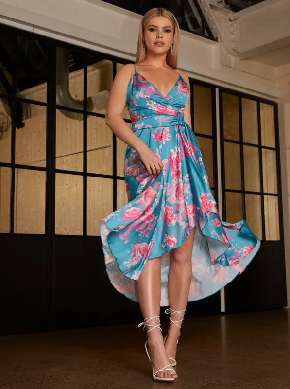 Cami Floral Print Wrap Midi Dress in Blue sold by Chi Chi London