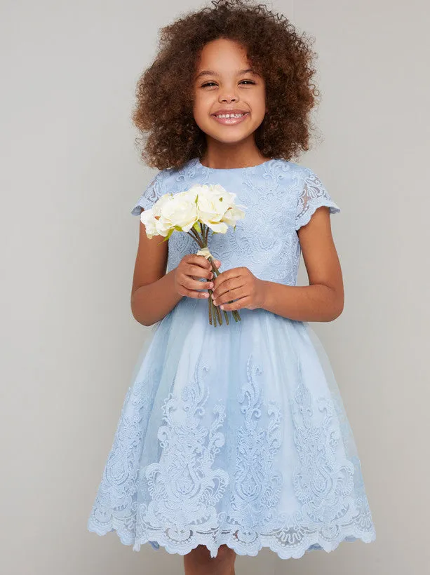 Girls Lace Overlay Tea Dress in Blue sold by Chi Chi London