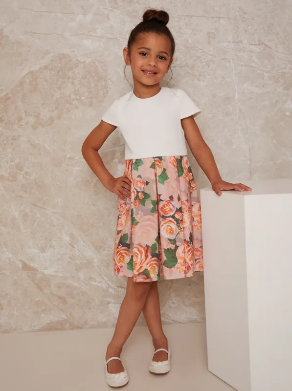 Girls Floral Print Dress with Ruffle Trim in Mink sold by Chi Chi London