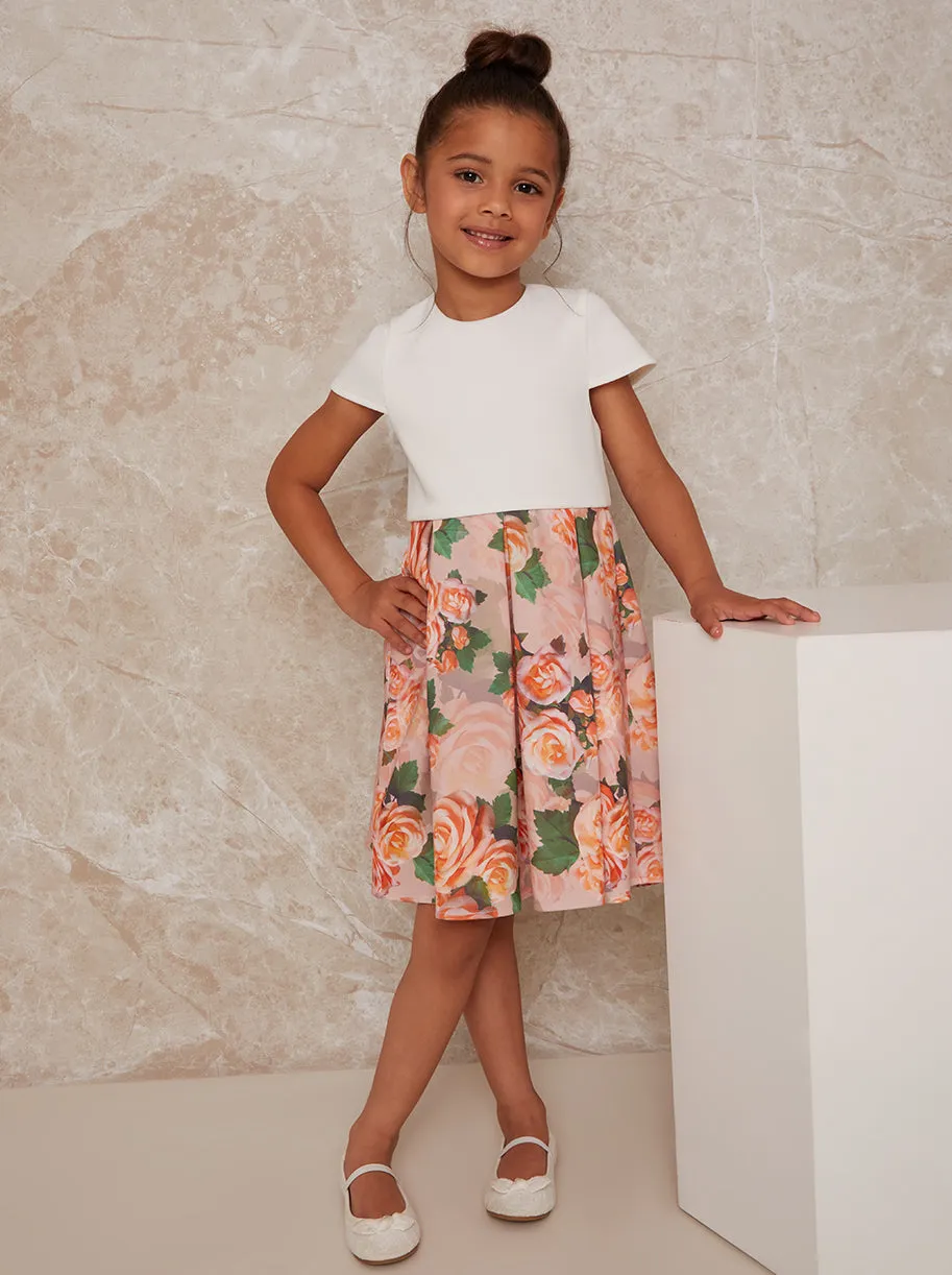 Girls Floral Print Dress with Ruffle Trim in Mink sold by Chi Chi London