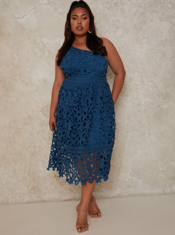Plus Size One-Shoulder Premium Lace Midi Dress in Blue sold by Chi Chi London