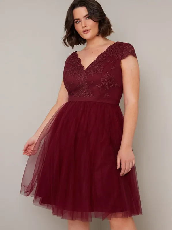 Embroidered Bodice Tulle Midi Dress in Red sold by Chi Chi London
