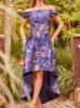 Bardot Neon Abstract Print Dip Hem Dress in Blue sold by Chi Chi London
