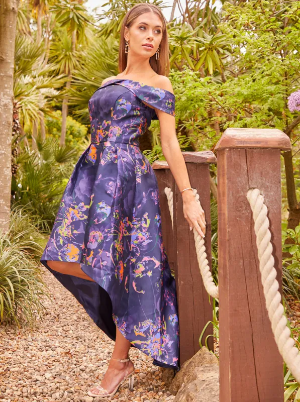 Bardot Neon Abstract Print Dip Hem Dress in Blue sold by Chi Chi London