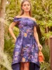 Bardot Neon Abstract Print Dip Hem Dress in Blue sold by Chi Chi London