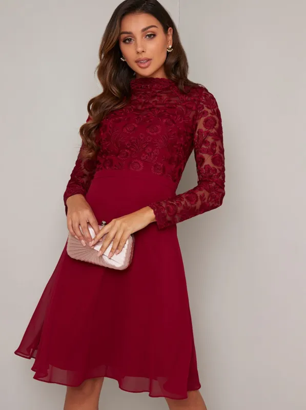 Tall Long Sleeved Lace Midi Dress in Red sold by Chi Chi London