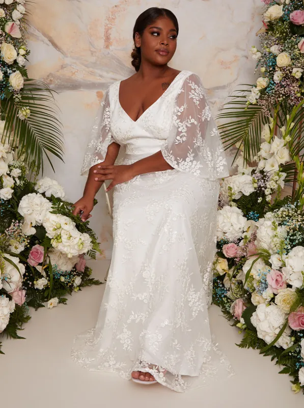 Plus Size Flutter Sleeve Backless Lace Bridal Wedding Dress in White sold by Chi Chi London