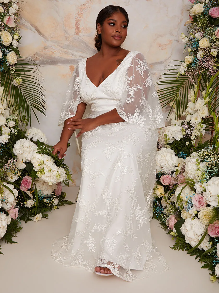 Plus Size Flutter Sleeve Backless Lace Bridal Wedding Dress in White sold by Chi Chi London