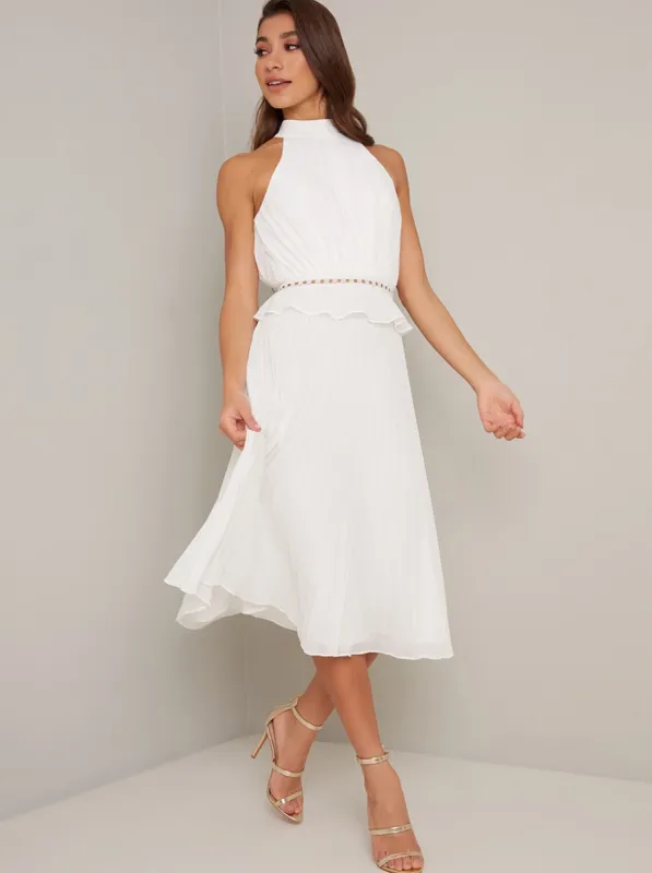 Halter Style Pleated Frill Detail Midi Dress in White sold by Chi Chi London