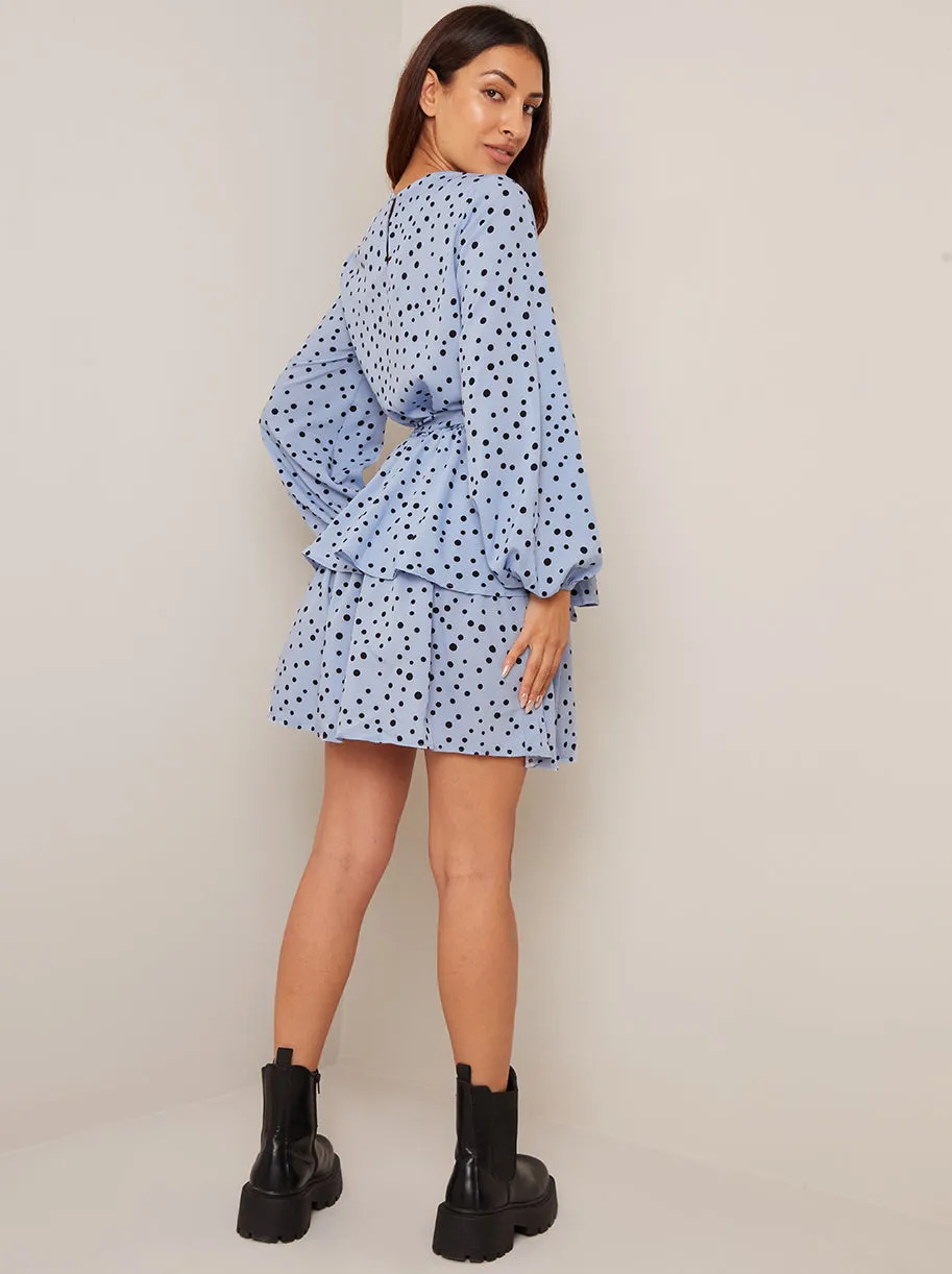 Long Sleeve Spot Print Mini Dress in Blue sold by Chi Chi London product image thumbnail 2