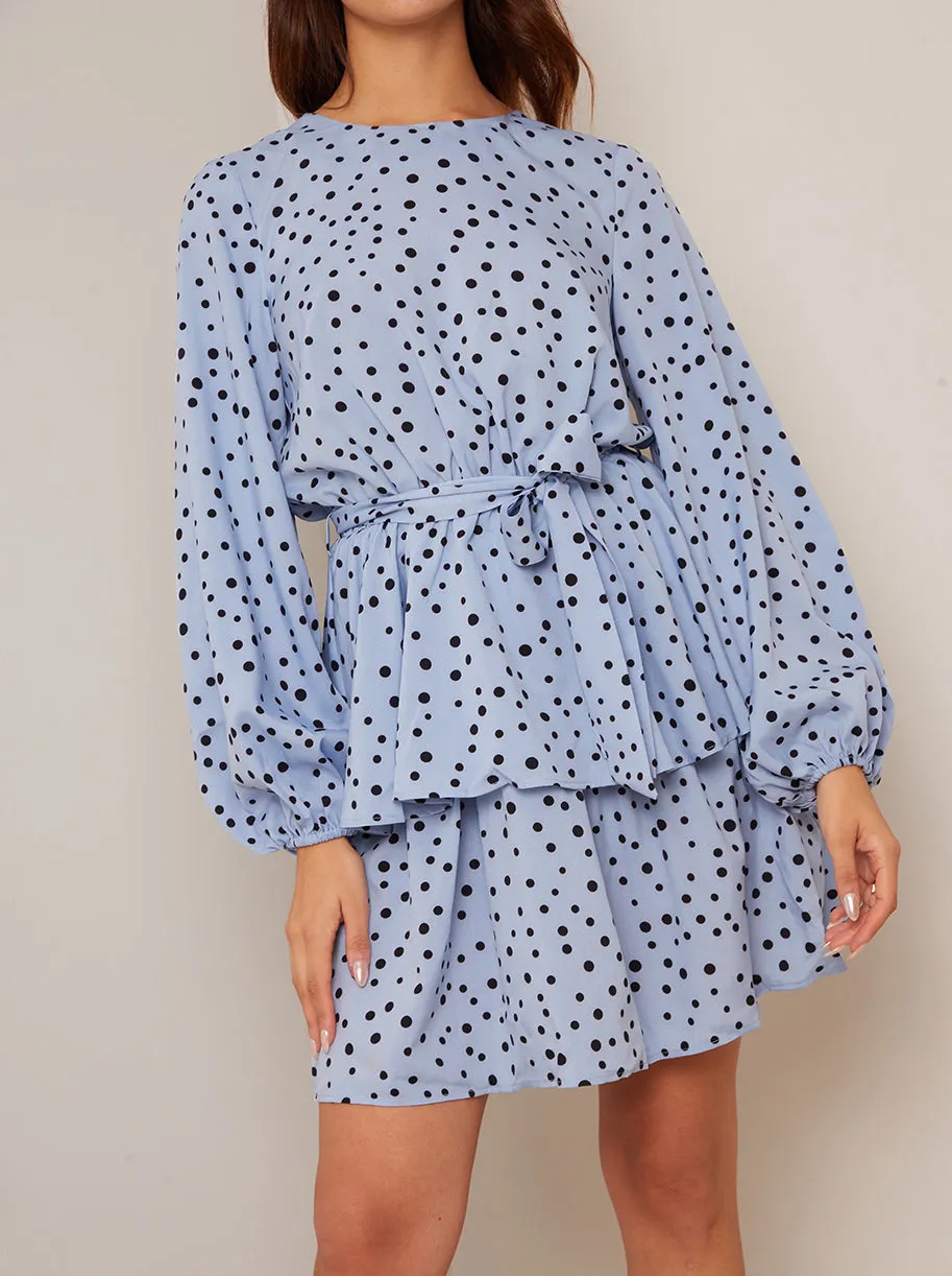Long Sleeve Spot Print Mini Dress in Blue sold by Chi Chi London product image thumbnail 3