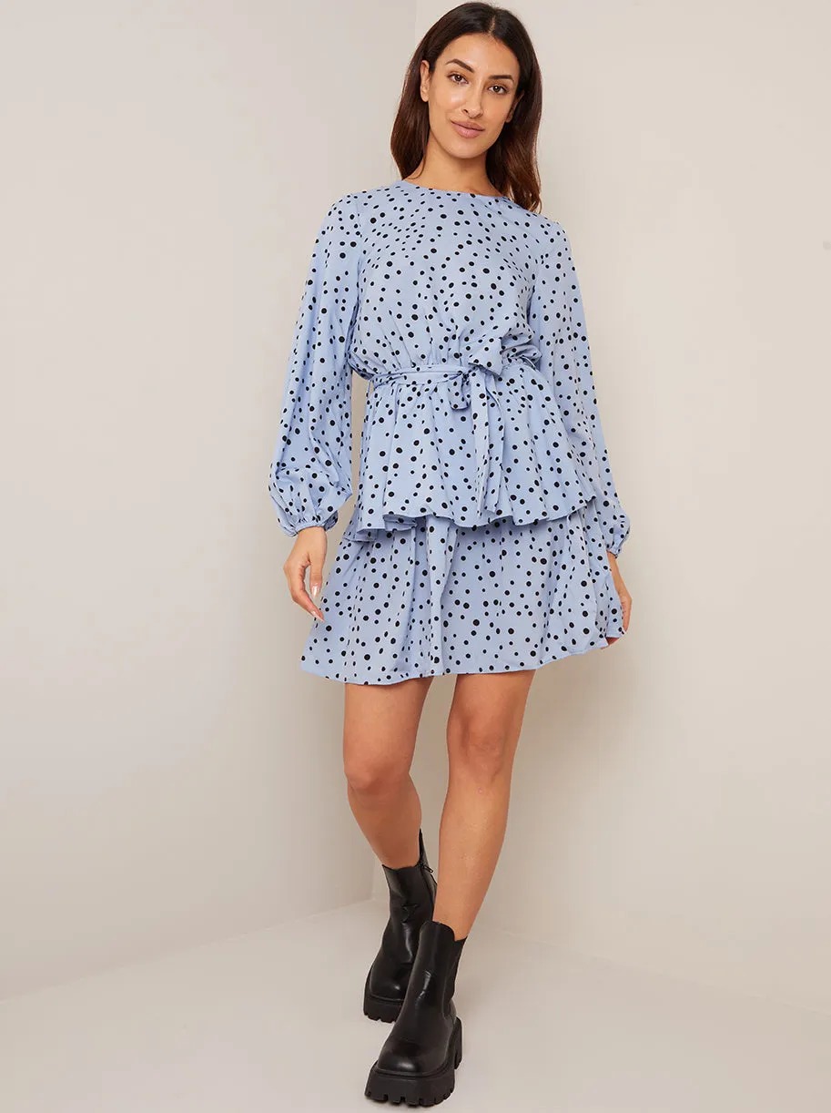 Long Sleeve Spot Print Mini Dress in Blue sold by Chi Chi London