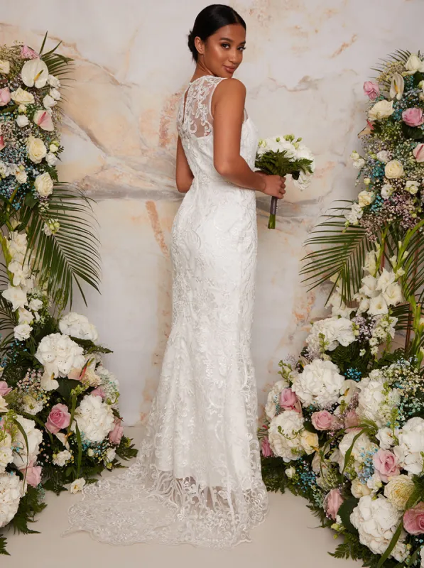 Petite Sleeveless Premium Lace Bridal Wedding Dress in White sold by Chi Chi London