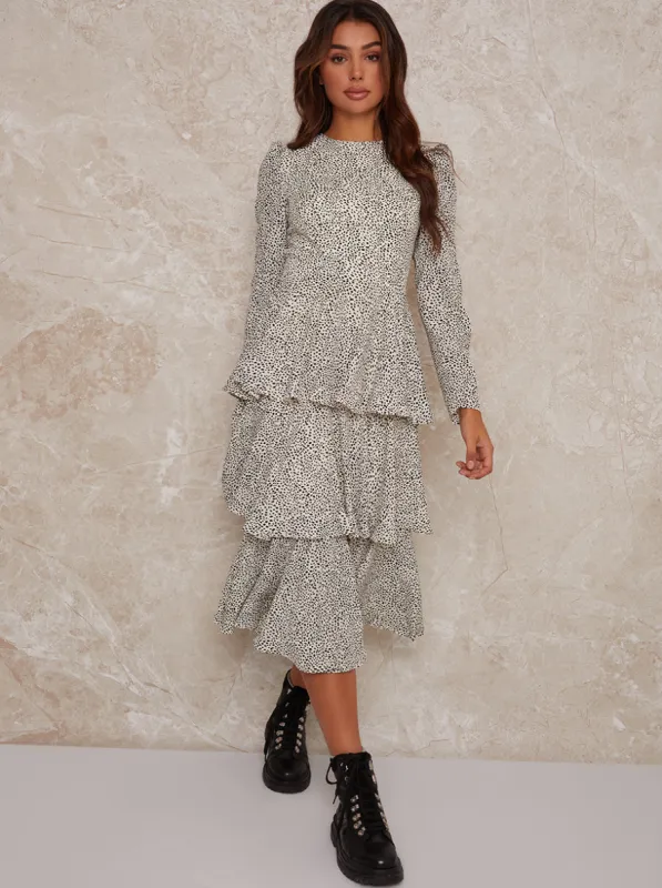 Long Sleeve Spot Print Tiered Midi Dress in White sold by Chi Chi London