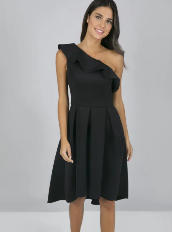 One Shoulder Frill Detail Midi Dress In Black sold by Chi Chi London