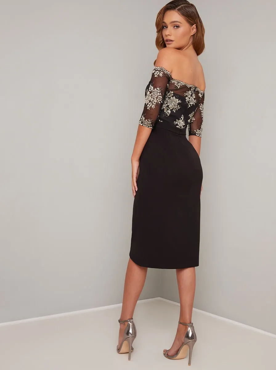 Lace Bodycon Dress with Bardot Neckline in Black sold by Chi Chi London product image thumbnail 4