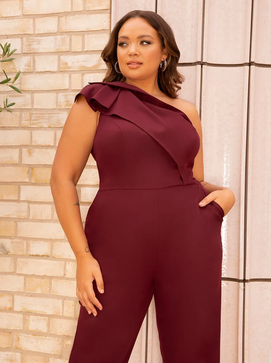 Plus Size One Shoulder Ruffle Detail Jumpsuit in Red sold by Chi Chi London product image thumbnail 2