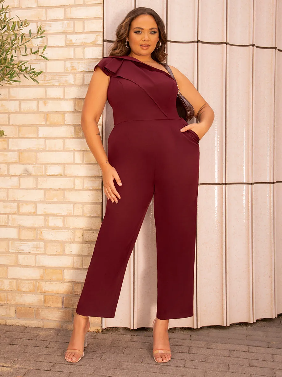 Plus Size One Shoulder Ruffle Detail Jumpsuit in Red sold by Chi Chi London product image thumbnail 3
