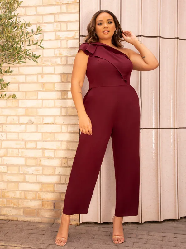 Plus Size One Shoulder Ruffle Detail Jumpsuit in Red sold by Chi Chi London