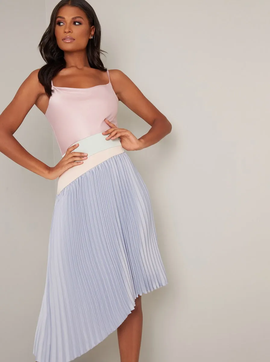 Cami Strap A-Symmetric Pleat Midi Dress in Blue sold by Chi Chi London product image thumbnail 2