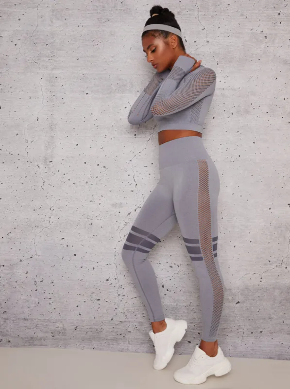 High Rise Mesh Panel Sports Leggings In Grey sold by Chi Chi London