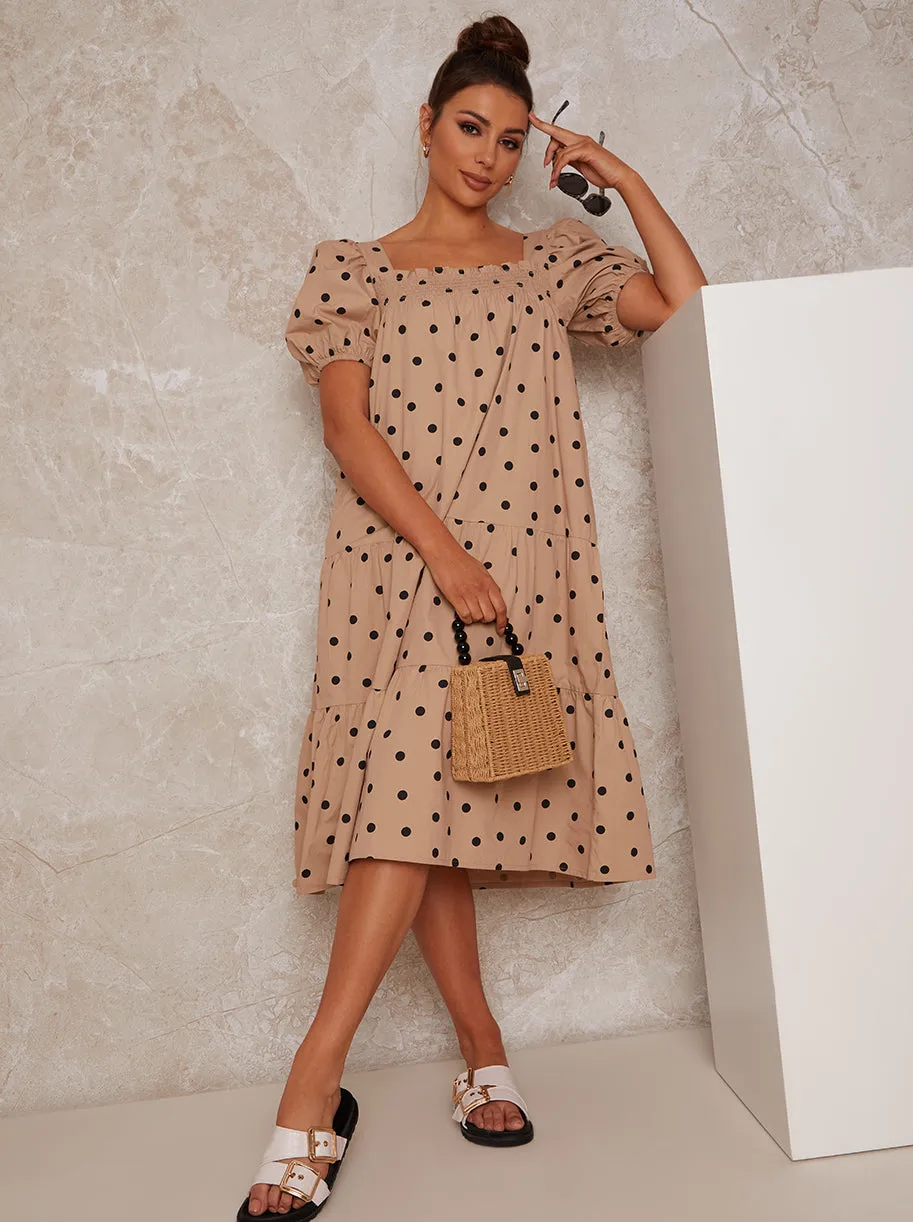 Puff Sleeve Spot Print Midi Smock Day Dress in Neutral sold by Chi Chi London product image thumbnail 2