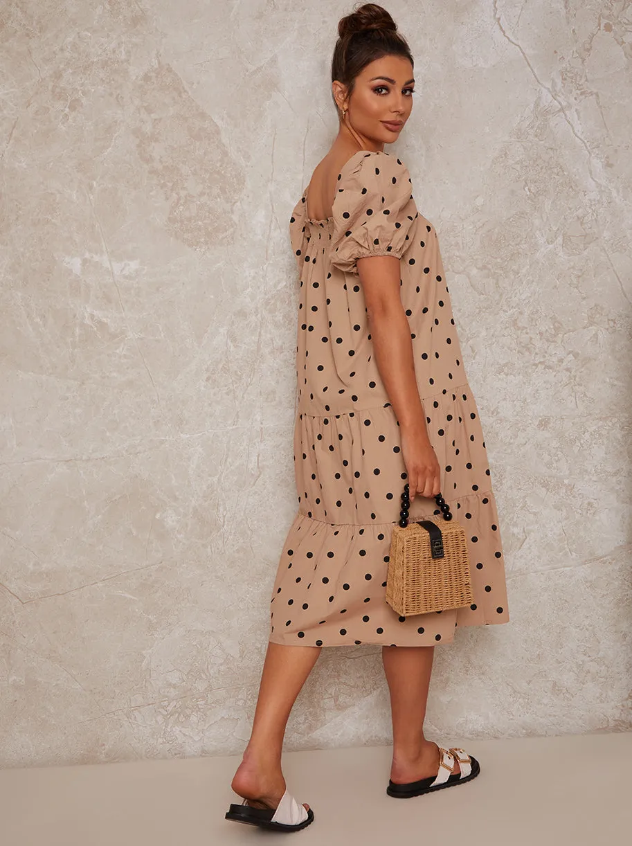 Puff Sleeve Spot Print Midi Smock Day Dress in Neutral sold by Chi Chi London product image thumbnail 3