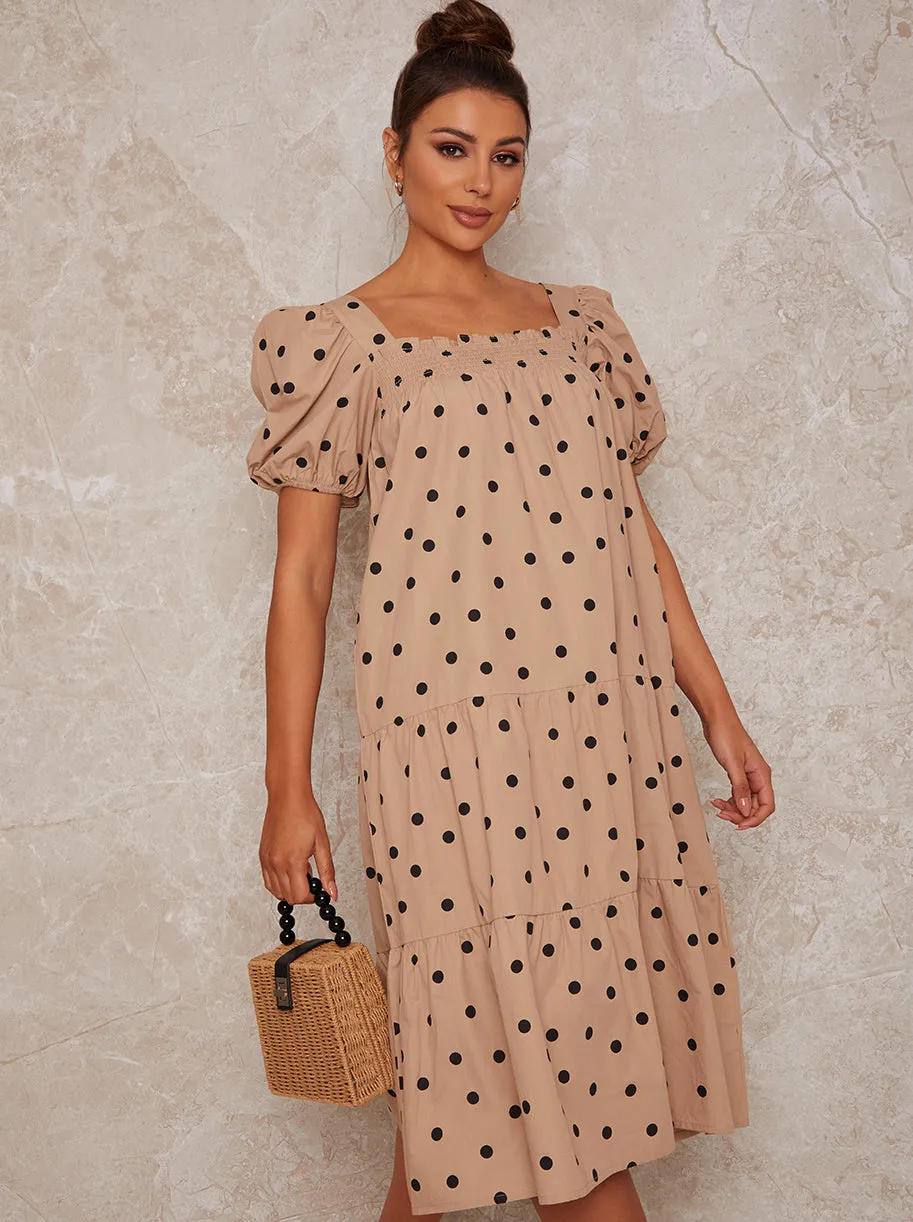 Puff Sleeve Spot Print Midi Smock Day Dress in Neutral sold by Chi Chi London product image thumbnail 4