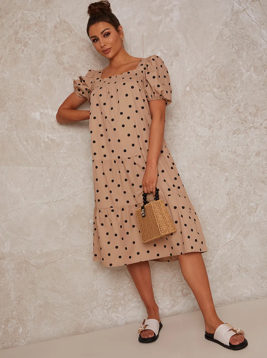Puff Sleeve Spot Print Midi Smock Day Dress in Neutral sold by Chi Chi London product image thumbnail 5