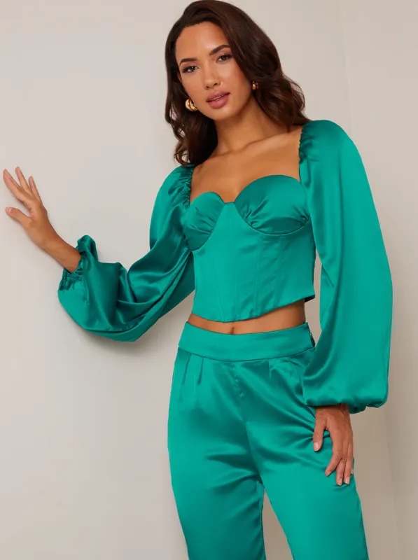 Long Sleeve Corset Style Top in Green sold by Chi Chi London