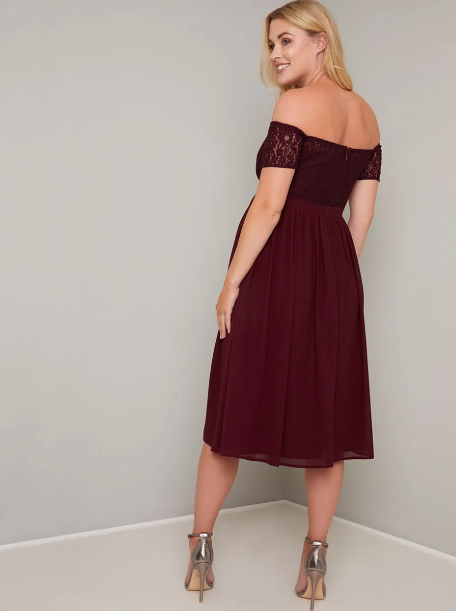 Maternity Lace Bardot Midi Dress In Burgundy sold by Chi Chi London product image thumbnail 4