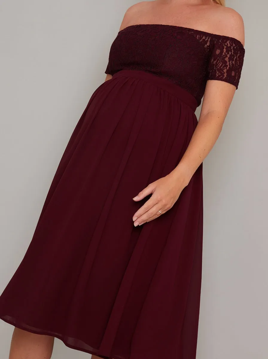 Maternity Lace Bardot Midi Dress In Burgundy sold by Chi Chi London product image thumbnail 3