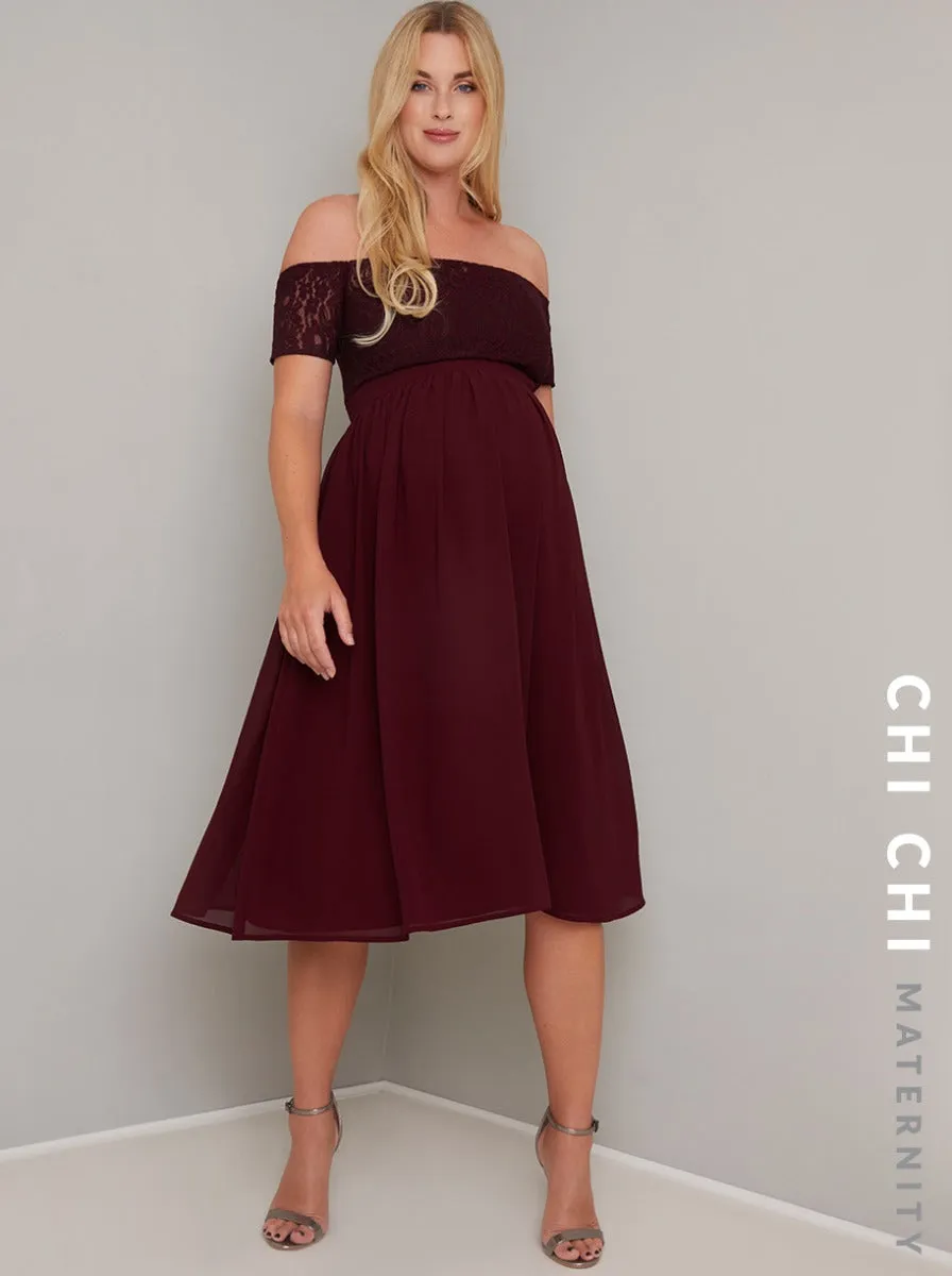 Maternity Lace Bardot Midi Dress In Burgundy sold by Chi Chi London product image thumbnail 2