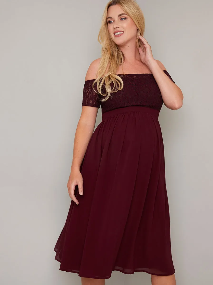 Maternity Lace Bardot Midi Dress In Burgundy sold by Chi Chi London