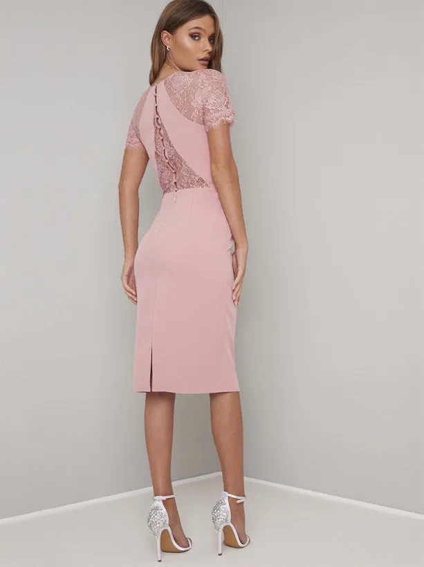 Sheer Lace Detail Bodycon Midi Dress in Pink sold by Chi Chi London product image thumbnail 3