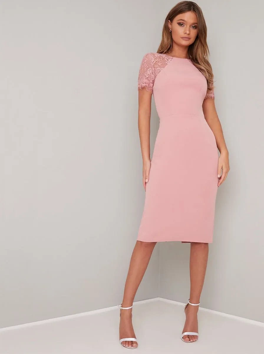 Sheer Lace Detail Bodycon Midi Dress in Pink sold by Chi Chi London