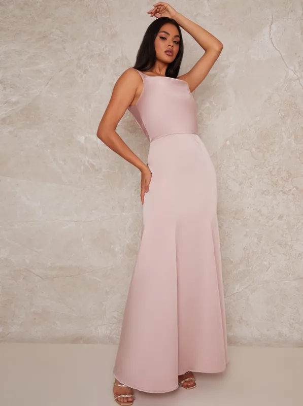 Cowl Neck Satin Slip Maxi Dress in Light Pink sold by Chi Chi London