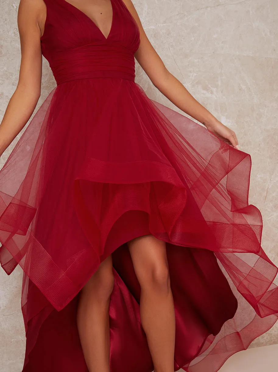 Plunge Neck Tiered Tulle Dip Hem Party Dress in Red sold by Chi Chi London product image thumbnail 2