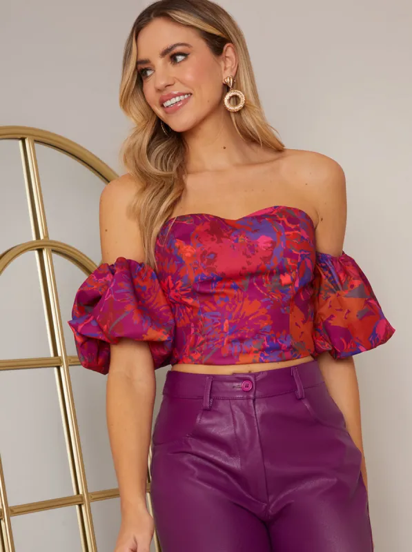 Bardot Ruffle Floral Top in Burgundy sold by Chi Chi London