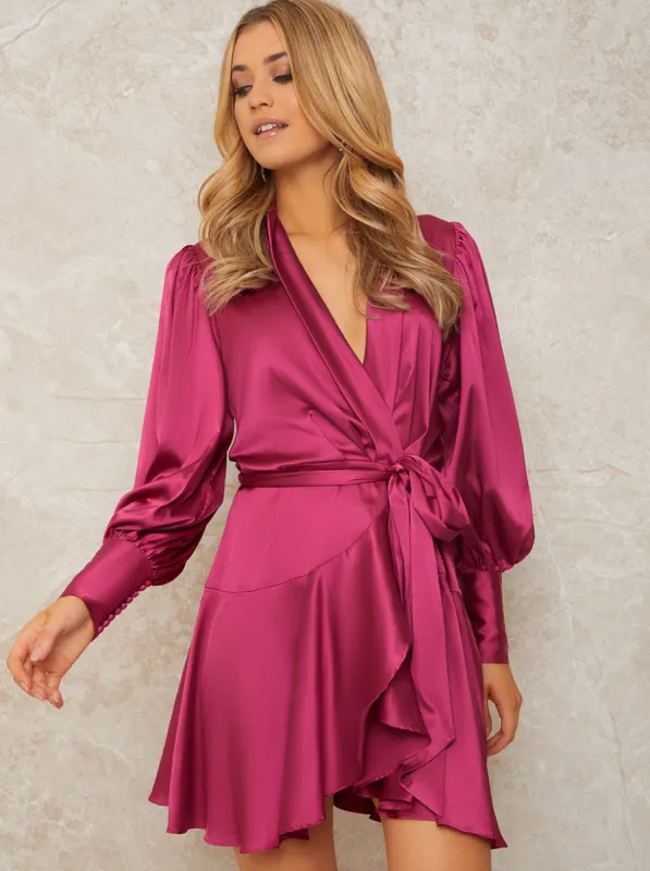 Long Sleeve Wrap Mini Dress in Pink sold by Chi Chi London