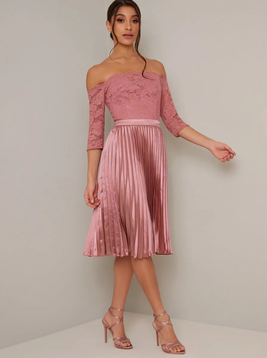 Bardot Lace 3/4 Sleeved Pleat Midi Dress in Pink sold by Chi Chi London product image thumbnail 2