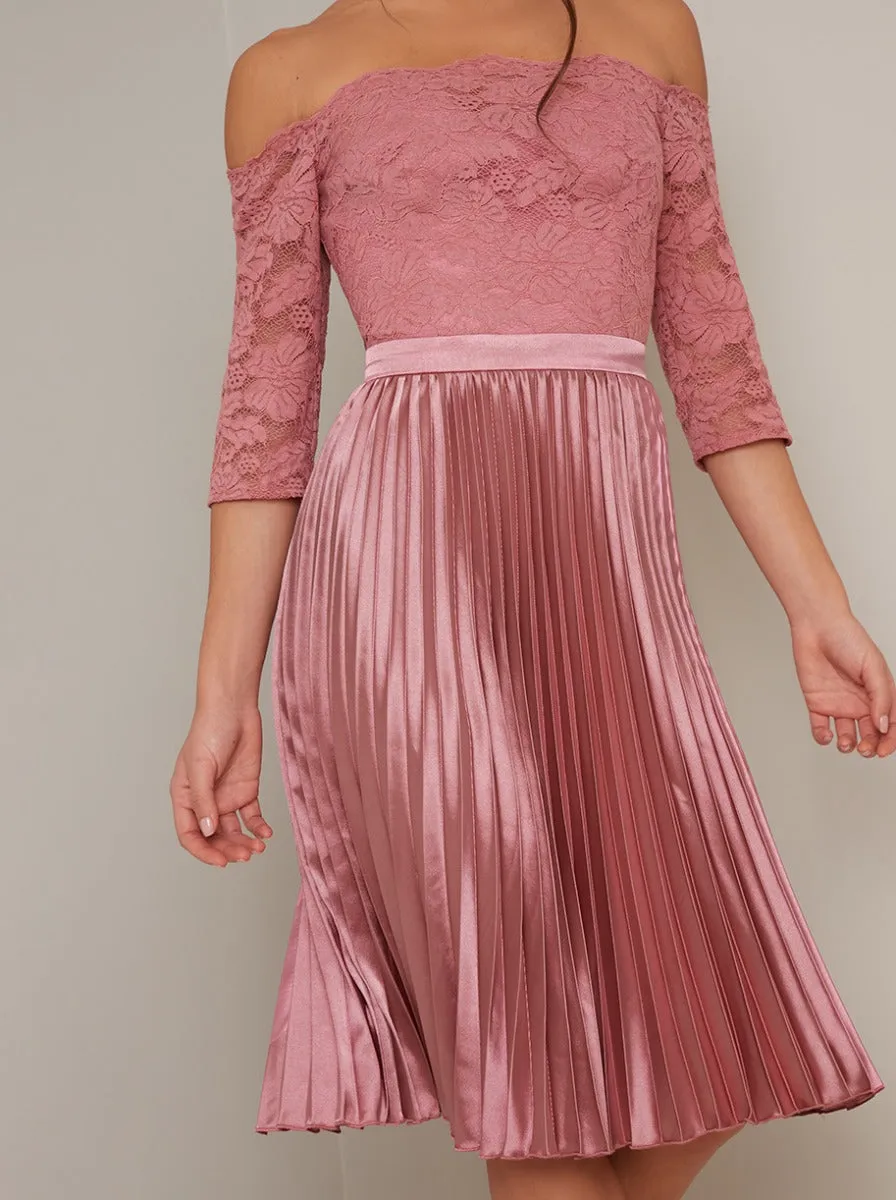 Bardot Lace 3/4 Sleeved Pleat Midi Dress in Pink sold by Chi Chi London product image thumbnail 3