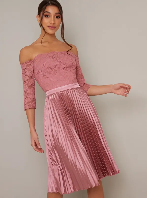 Bardot Lace 3/4 Sleeved Pleat Midi Dress in Pink sold by Chi Chi London