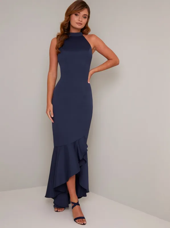 Halter Style Bodycon Ruffle Hem Maxi Dress in Blue sold by Chi Chi London